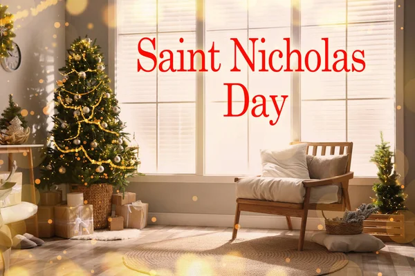 Día San Nicolás Habitación Elegante Con Decoraciones Navidad — Foto de Stock