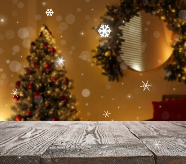 Üres Felület Elmosódott Karácsonyfa Háttérben Bokeh Hatás Tervezési Hely — Stock Fotó