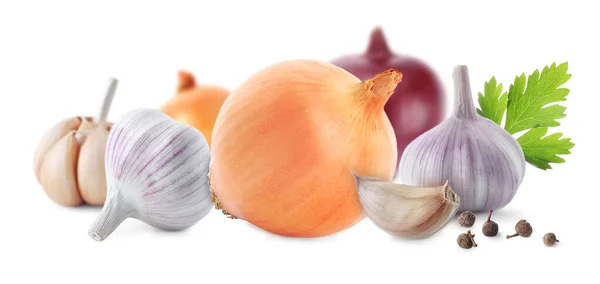 Mischung Aus Frischem Knoblauch Und Zwiebeln Auf Weißem Hintergrund Bannerdesign — Stockfoto