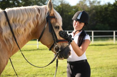 Ata binen genç bir kadın ve güneşli bir günde güzel evcil hayvanı.