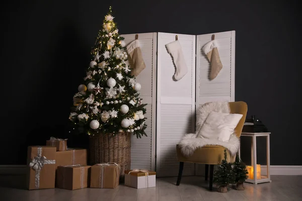 Beautiful Christmas Themed Photo Zone Cozy Living Room Interior Imitation — Stock Photo, Image