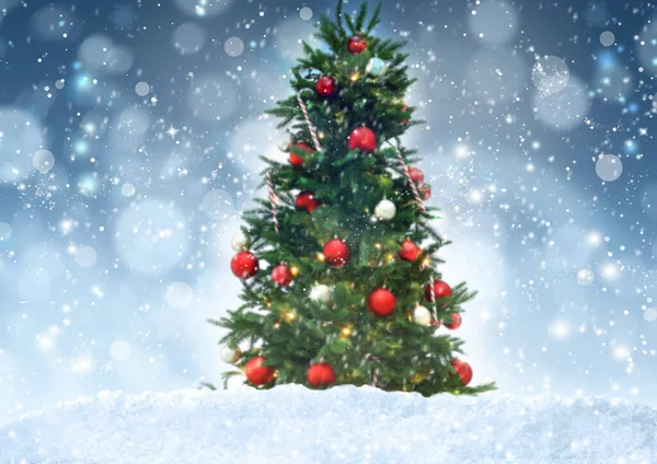 Hermoso Árbol Navidad Decorado Nieve Contra Las Luces Borrosas Festivas — Foto de Stock