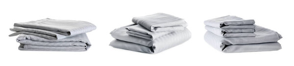 Set with stacks of clean bed linen on white background. Banner design