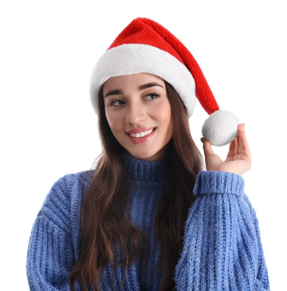 Belle Femme Portant Chapeau Père Noël Sur Fond Blanc — Photo