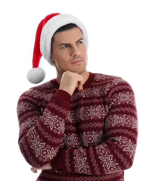 Nachdenklicher Schöner Mann Mit Weihnachtsmütze Auf Weißem Hintergrund — Stockfoto
