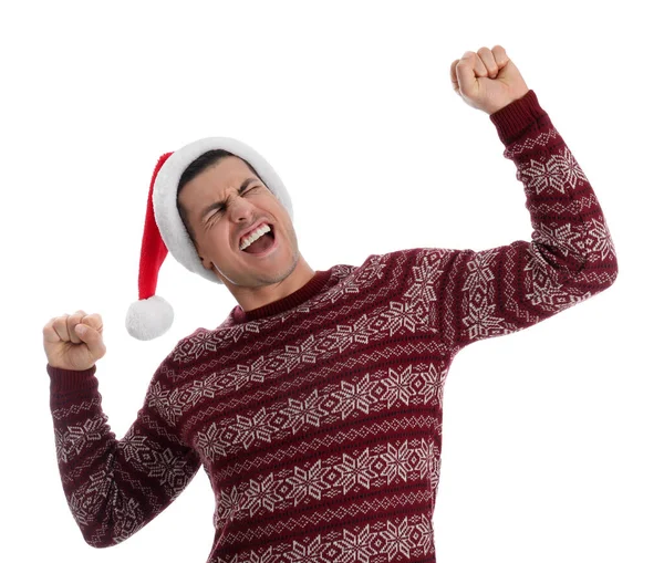 Aufgeregter Mann Mit Weihnachtsmütze Auf Weißem Hintergrund — Stockfoto