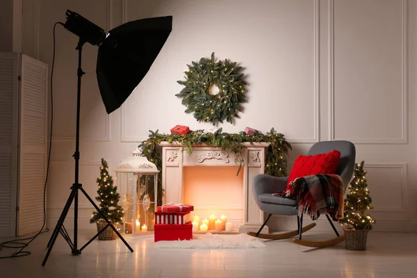 Bela Zona Fotos Temáticas Natal Com Equipamento Profissional Lareira — Fotografia de Stock