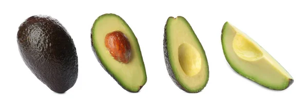 Set Van Rijpe Avocados Witte Achtergrond Banner Ontwerp — Stockfoto