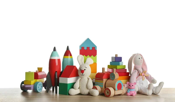 Set Verschiedener Spielzeuge Auf Holztisch Vor Weißem Hintergrund — Stockfoto