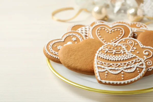 Tasty Heart Shaped Gingerbread Cookies White Wooden Table Closeup — Stock Photo, Image