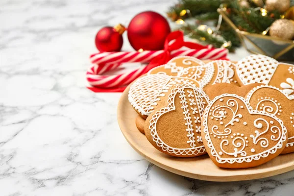Tasty Heart Shaped Gingerbread Cookies Christmas Decor White Marble Table — Stock Photo, Image