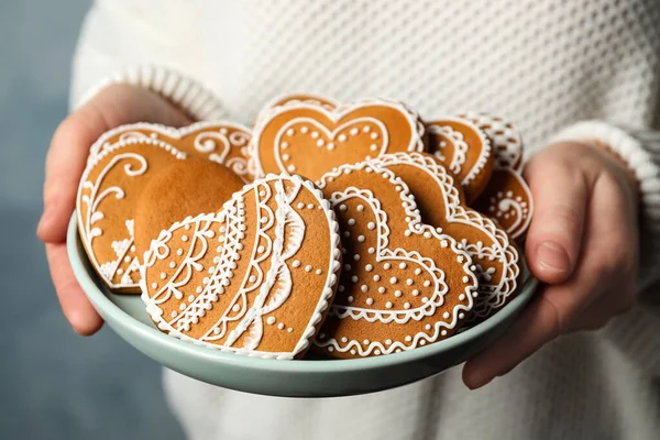 Woman Holding Plate Tasty Heart Shaped Gingerbread Cookies Closeup — Stock Photo, Image