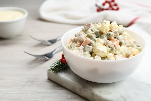 Traditional Russian Salad Olivier Served White Wooden Table — Stock Photo, Image