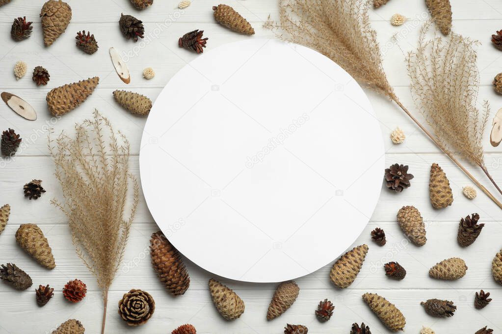 Flat lay composition with pinecones and blank card on white wooden background, space for text