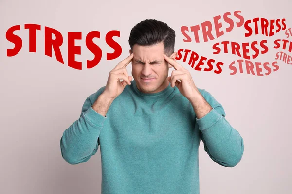 Stressed Young Man Text Light Background — Stock Photo, Image