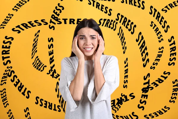 Stressed Young Woman Text Yellow Background — Stock Photo, Image