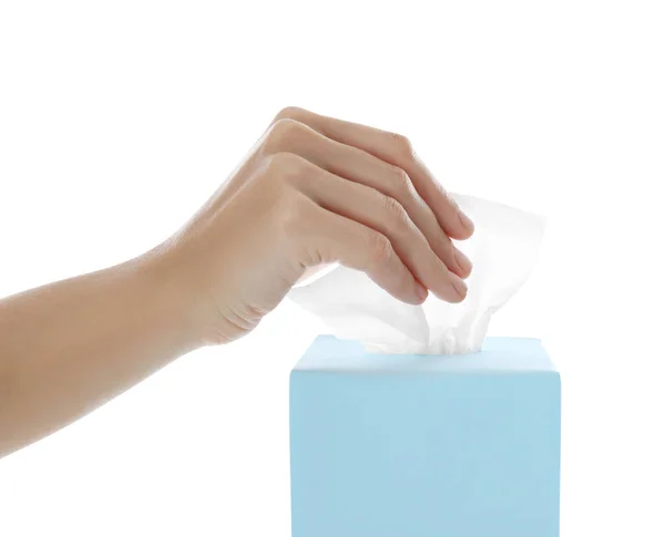 Woman Taking Paper Tissue Box White Background Closeup — Stock Photo, Image