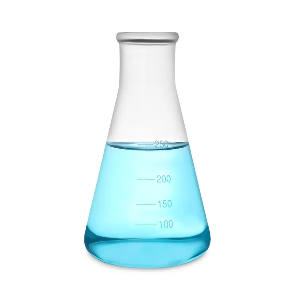 锥形瓶 淡蓝色液体 白色隔离 — 图库照片