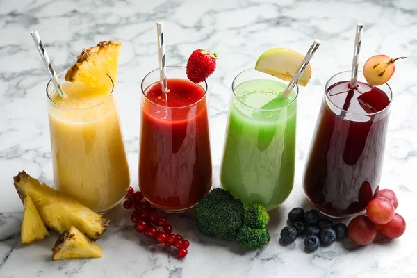 Glasses Delicious Juices Fresh Ingredients White Marble Table — Stock Photo, Image