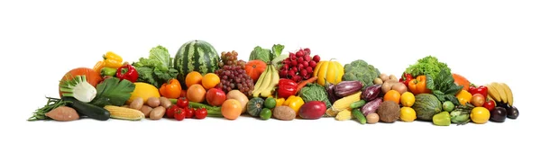 Sortimento Frutas Legumes Orgânicos Frescos Fundo Branco Design Banner — Fotografia de Stock