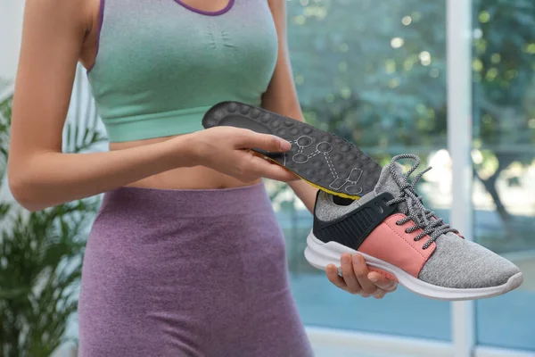 Woman Putting Orthopedic Insole Shoe Indoors Closeup Foot Care — Stock Photo, Image