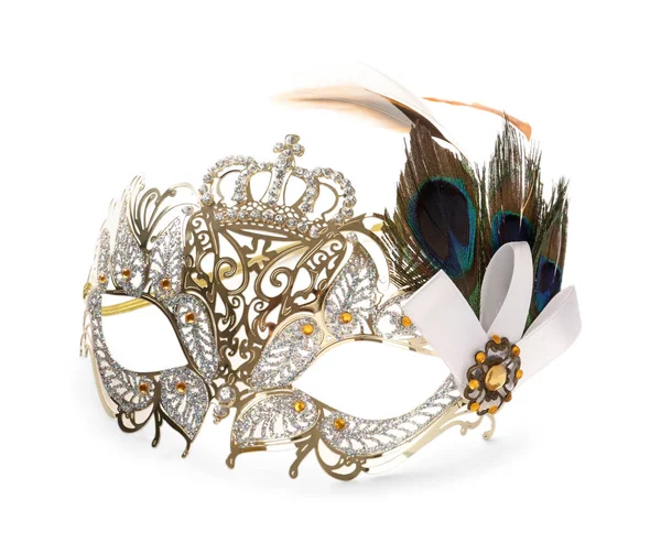 Mooi Carnaval Masker Met Veren Geïsoleerd Wit — Stockfoto