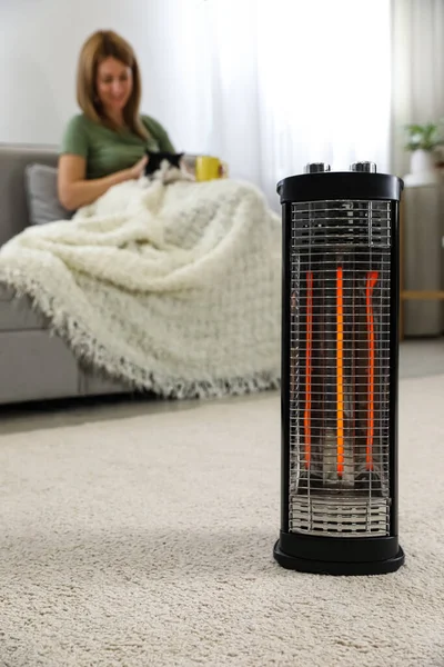 Mulher Com Gato Casa Foco Aquecedor Elétrico Halogênio — Fotografia de Stock