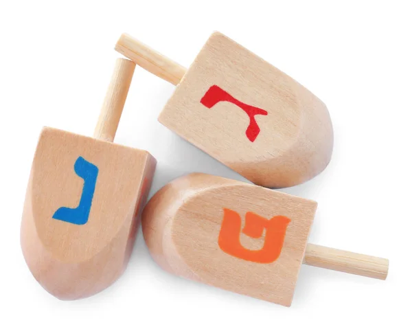 Hanukkah Madeira Dreidels Tradicionais Com Letras Nun Gimel Fundo Branco — Fotografia de Stock