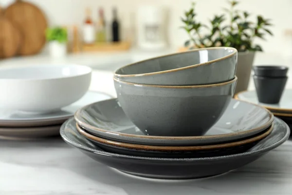 Set Beautiful Ceramic Tableware White Table Kitchen — Stock Photo, Image