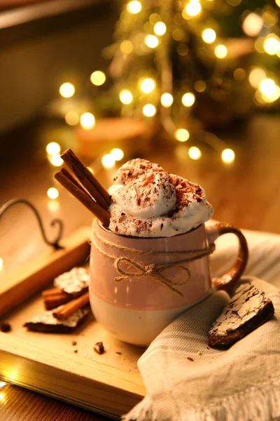 Tasty Hot Drink Whipped Cream Christmas Lights Table — Stock Photo, Image