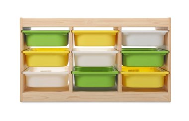 Boş ahşap raf ünitesi beyaz üzerine izole