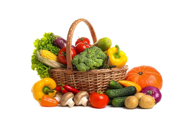 Wicker Basket Fresh Vegetables White Background — Stock Photo, Image