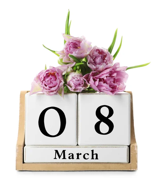 Calendario Bloques Madera Con Fecha Marzo Tulipanes Sobre Fondo Blanco — Foto de Stock