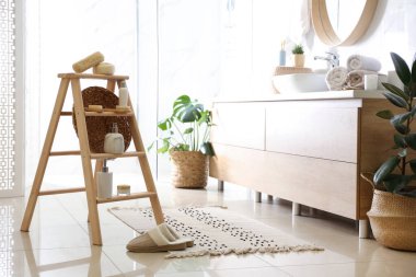 Dispanserler ve banyodaki dekoratif merdivenlerdeki farklı tuvalet malzemeleri. İç tasarım için fikir