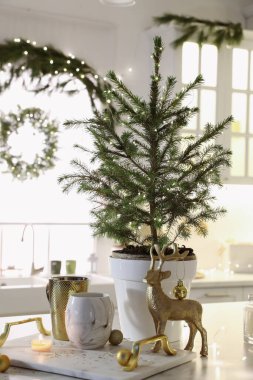 Küçük süslü Noel ağacı ve mutfaktaki masada duran ren geyiği figürü.