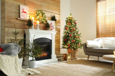 Noel için dekore edilmiş güzel oturma odasındaki şömine.