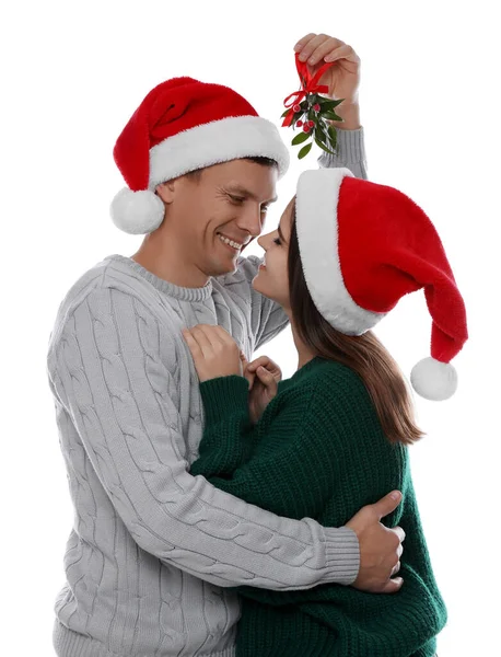 Happy Couple Standing Mistletoe Bunch White Background — Stock Photo, Image