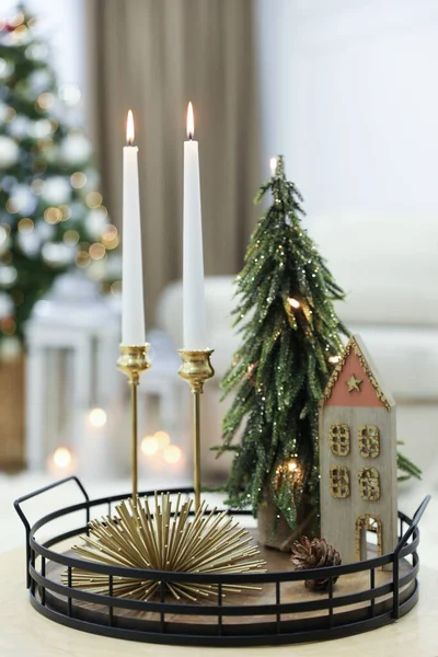 Beautiful Christmas Composition Burning Candles Table Indoors — Stock Photo, Image