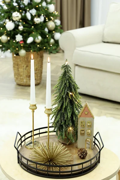 Beautiful Christmas Composition Burning Candles Table Indoors — Stock Photo, Image