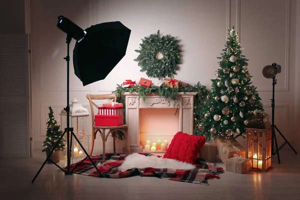 Bela Zona Fotos Temáticas Natal Com Equipamento Profissional Lareira — Fotografia de Stock