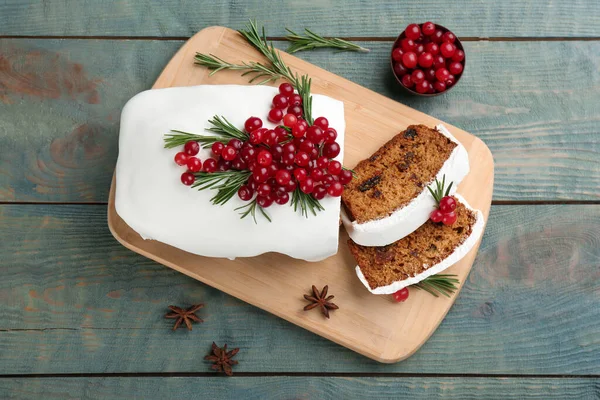 Traditional Christmas Cake Ingredients Light Blue Wooden Table Flat Lay — Stock Photo, Image