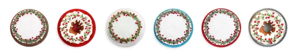 Conjunto Com Bolos Natal Tradicionais Decorados Sobre Fundo Branco Vista — Fotografia de Stock