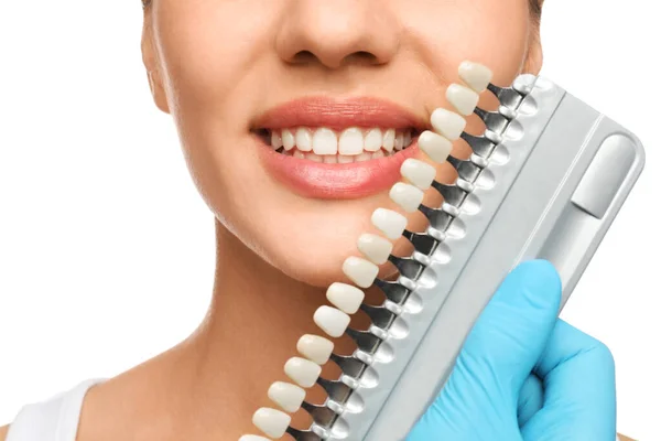 Doctor Checking Young Woman Teeth Color White Background Closeup Cosmetic — Stock Photo, Image