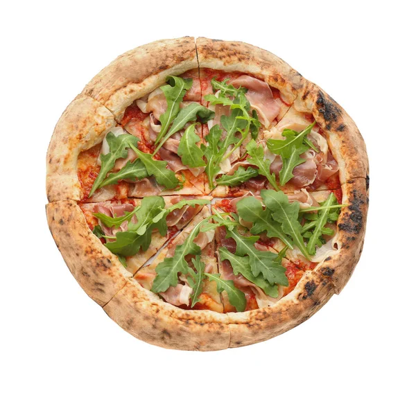 Pizza Savoureuse Avec Viande Roquette Isolée Sur Blanc Vue Sur — Photo