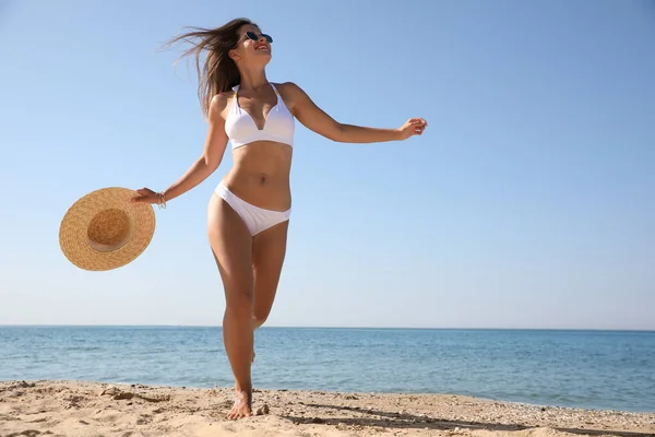 Young Woman Beautiful Body Sandy Beach Space Text — Stock Photo, Image