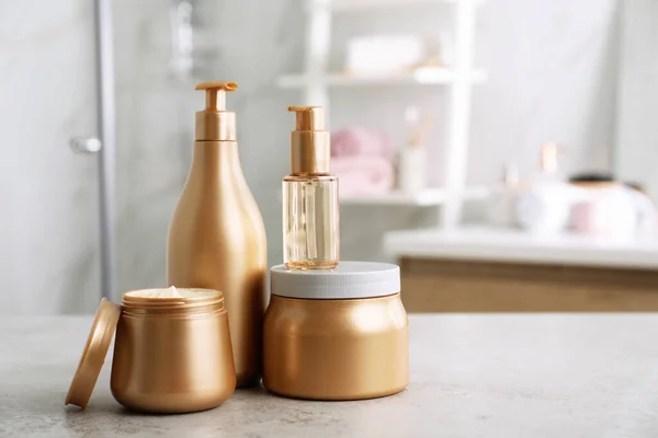 Different Hair Care Products Table Bathroom — Stock Photo, Image