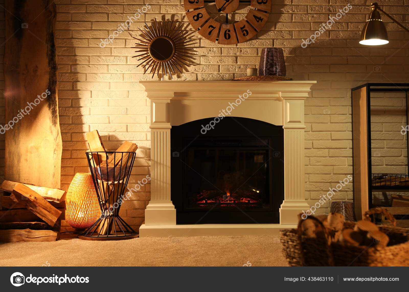 Fireplace Different Decorations Living Room Interior Design Stock Photo