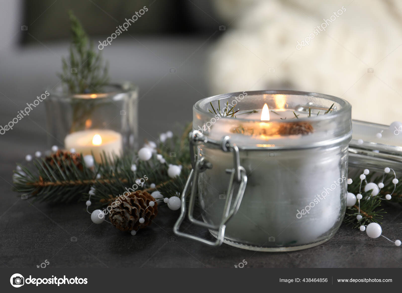 Burning Scented Conifer Candle Christmas Decor Grey Table Indoors Stock