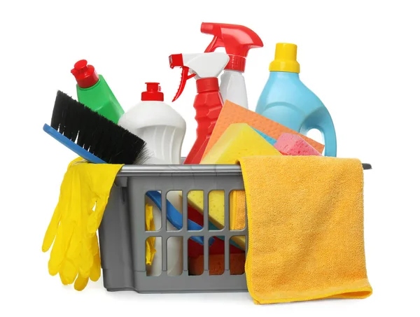 Basket Different Cleaning Products Tools White Background — Stock Photo, Image