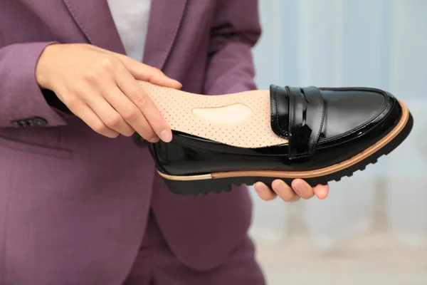 Woman Putting Orthopedic Insole Shoe Indoors Closeup Foot Care — Stock Photo, Image